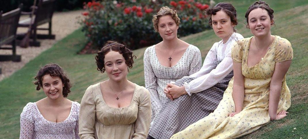 Julia Sawalha as Lydia Bennet, Jennifer Ehle as Elizabeth Bennet, Susannah Harker as Jane Bennet, Lucy Briers as Mary Bennet, and Polly Maberly as Kitty Bennet in 'Pride & Prejudice'