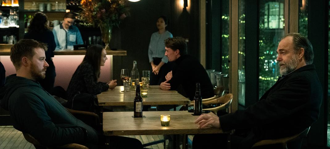 Jack Lowden as River Cartwright and Hugo Weaving as Harkness in 'Slow Horses' Season 4
