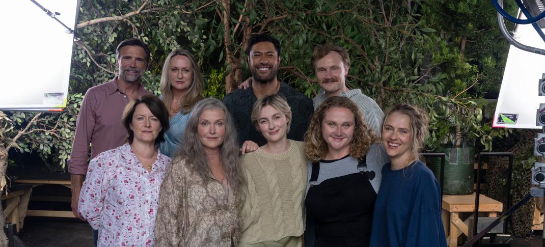 Teresa Palmer, Miranda Richardson, Danielle Macdonald, Helen Thomson, Susan Prior, Claude Scott-Mitchell, Charlie Garber, Uli Latukefu, and Jeremy Lindsay Taylor on set for 'The Last Anniversary'