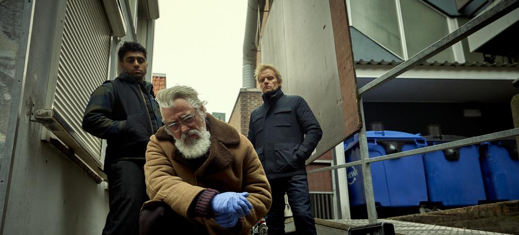 Azan Ahmed as Eddie, Darrell D'Silva as Hendrik, and Marc Warren as Piet Vand der Valk in 'Van der Valk' Season 4