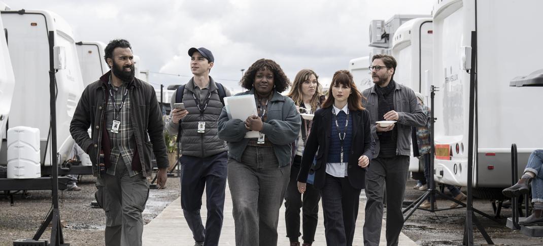 Himesh Patel, Isaac Powell, Lolly Adefope, Jessica Hynes, Aya Cash, and Daniel Bruhl in 'The Franchise'