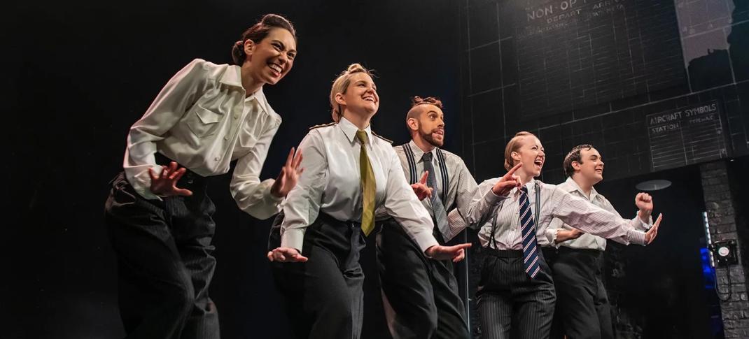 Claire-Marie Hall, Zoë Roberts, David Cumming, Natasha Hodgson and Jak Malone in the West End production of "Operation Mincemeat"