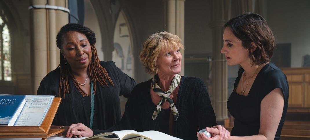 Jo Martin as Suzie Harris, Samantha Bond as Judith Potts, and Cara Horgan as Becks Starling in 'The Marlow Murder Club' Season 1