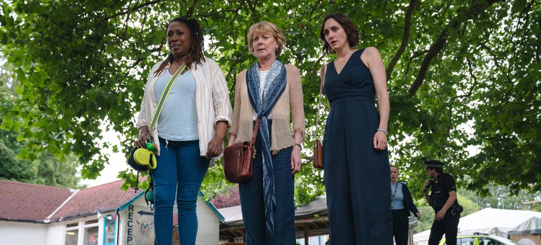 Jo Martin as Suzie Harris, Samantha Bond as Judith Potts, and Cara Horgan as Becks Starling in 'The Marlow Murder Club' Season 1