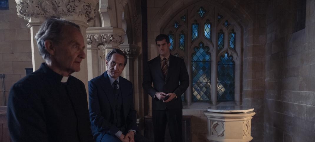 Picture shows: Fr. John Betterton (Anton Lesser), Adam Dalgliesh (Bertie Carvel) and Alistair Brammer (Daniel Tarrant) in the church.