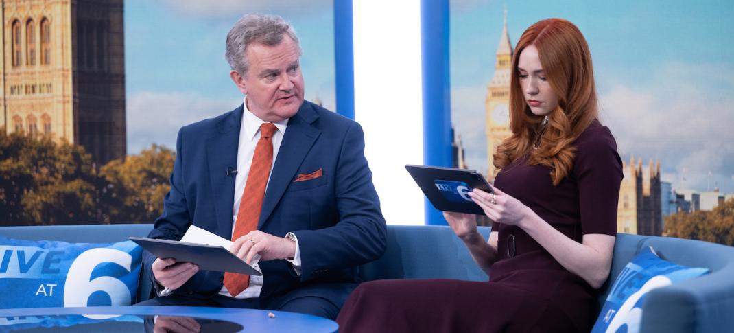 Hugh Bonneville and Karen Gillan in "Douglas Is Cancelled"