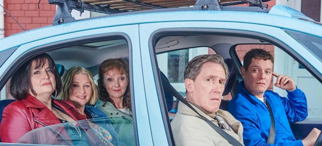 Ruth Jones as Nessa, Joanna Page as Stacey, Melanie Walters as Gwen, Rob Brydon as Bryn, and Mathew Horne as Gavin in 'Gavin & Stacey: The Finale'