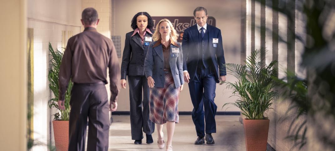 Picture shows: Charlotte Tyson (Georgina Beedle) guides Dalgliesh (Bertie Carvel) and Kate Miskin (Carlyss Peer) at Larkskill Nuclean Power Station.