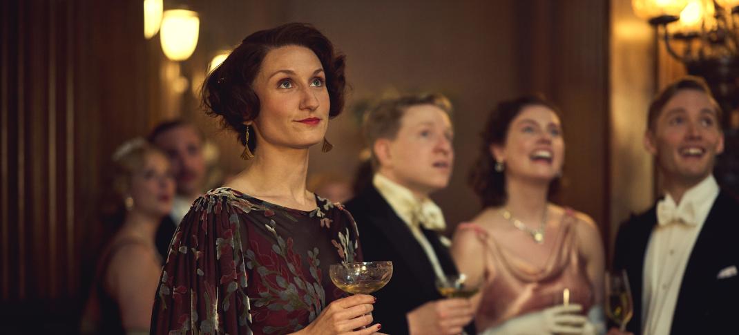 Bessie Carter as Nancy Mitford, Will Attenborough as Joss, Isobel Jesper Jones as Pam Mitford, Toby Regbo as Tom Mitford in 'Outrageous'