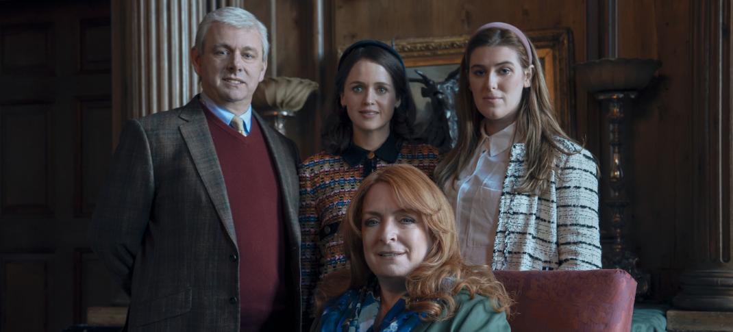 Michael Sheen, Claire Rushbrook, Sofia Oxenham, Honor Swinton Byrne as the Duke and Duchess of York and Princesses Eugenie and Beatrice in "A Very Royal Scandal"
