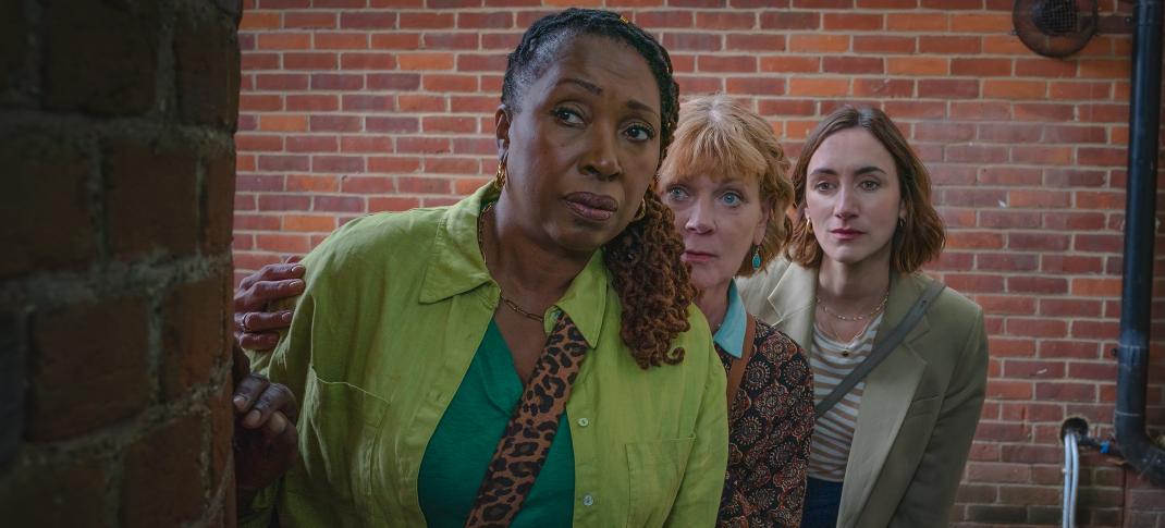 Jo Martin as Suzie Harris, Samantha Bond as Judith Potts, and Cara Horgan as Becks Starling in 'The Marlow Murder Club' Season 2