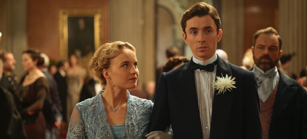 Luise von Finckh as Clara Weiss, Matthew Beard as Max and Juergen Maurer as Oskar in 'Vienna Blood' Season 4