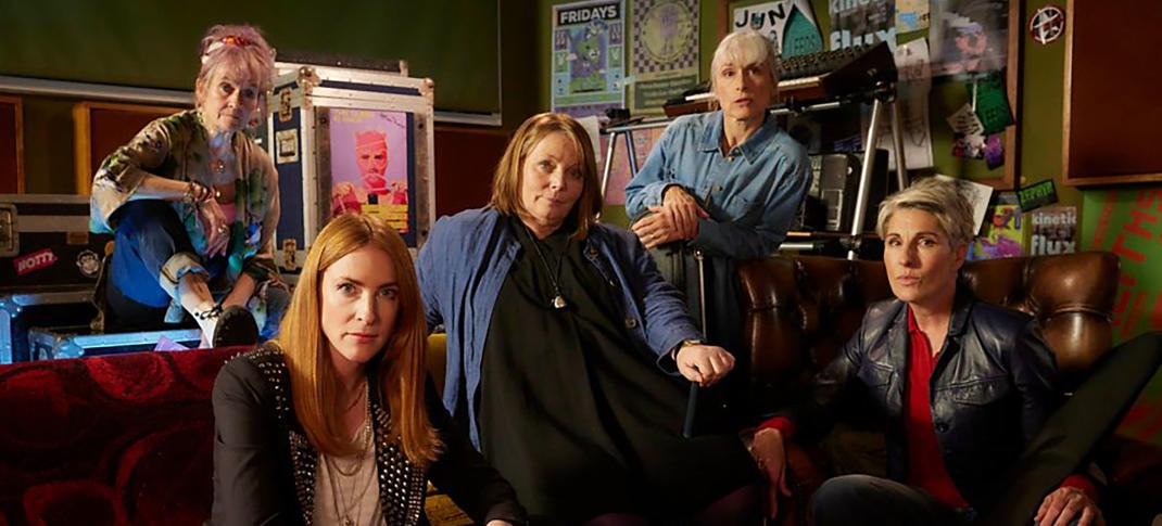Rosalie Craig as Kitty Eckersley, Lorraine Ashbourne as Jess Burchill, Joanna Scanlan as Beth Thornton, Amelia Bullmore as Yvonne Vaux, and Tamsin Greig as Holly Gaskell in 'Riot Women''