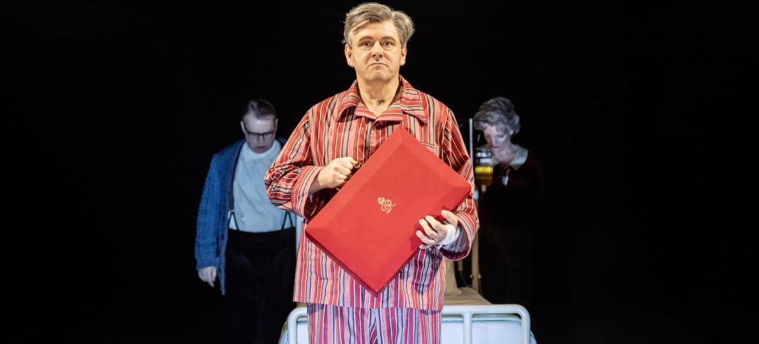 Michael Sheen, Roger Evans and Sharon Small in "Nye" at the National Theatre