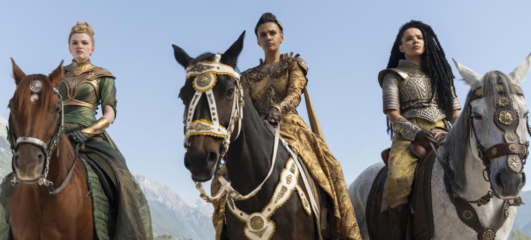 Ceara Coveney as Elayne Trakand, Madeleine Madden as Egwene al'Vere, Zoë Robins as Nynaeve al’Meara in 'The Wheel of Time' Season 3
