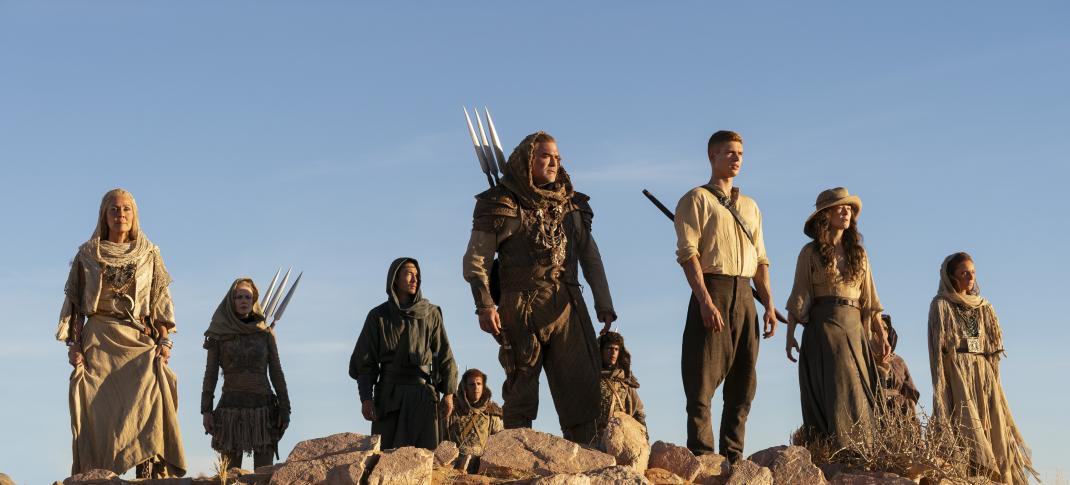 Daniel Henney as al’Lan Mandragoran, Josha Stradowski as Rand al’Thor, and Rosamund Pike as Moiraine Damodred in 'The Wheel of Time' Season 3
