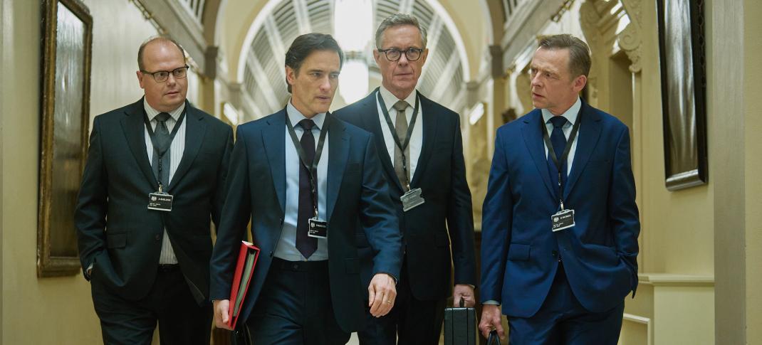 Gavin Spokes as Head of MI6 Alex Sheldon, Ed Stoppard as Foreign Secretary Richard Marston, Alex Jennings as Director of GCHQ David Neal and Simon Pegg as Director of Operations at GCHQ Danny Patrick in 'The Undeclared War' Season 2.