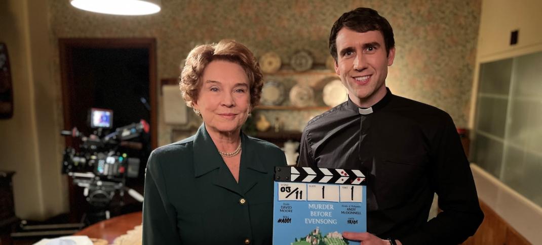 Matthew Lewis and Amanda Redman on the set of "Murder Before Evensong"