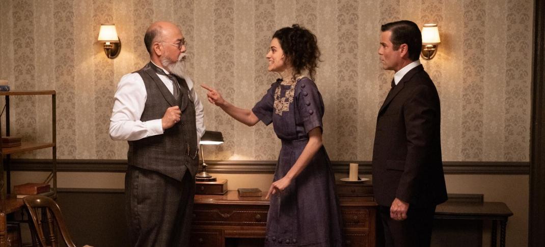 Paul Sun-Hyung Lee as Inspector Albert Choi, Rebecca Liddiard as Tippy Longfellow, and Yannick Bisson as William Murdoch in 'Murdoch Mysteries' Season 18