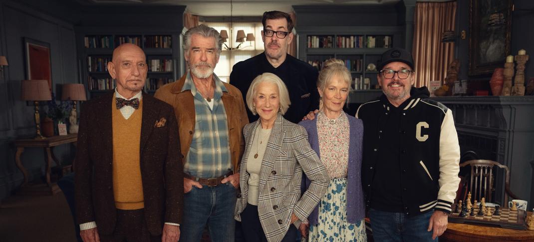 Sir Ben Kingsley, Pierce Brosnan, Richard Osman, Helen Mirren, Celia Imrie and Chris Columbus celebrate the start of filming 'The Thursday Murder Club'