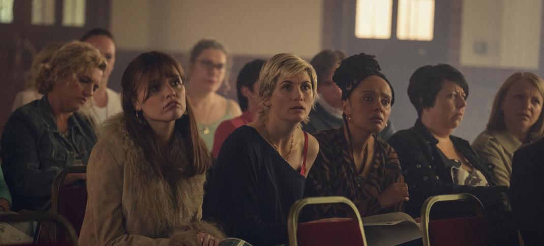 Aimee Lou Wood as Tracy, Jodie Whittaker as Susan, Karla Crome as Pattie in 'Toxic Town'