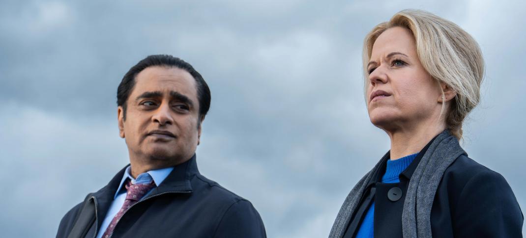Sinead Keenan as Jess and Sanjeev Bhaskar as Sunny in 'Unforgotten' Season 6