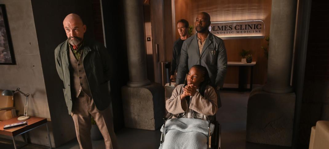 Ritchie Coster as Shinwell Johnson, Nat Faxon as Hobie McSorley, Morris Chestnut as Dr. John Watson, and Brittany Adebumola as Taryn Hines in 'Watson' Season 1