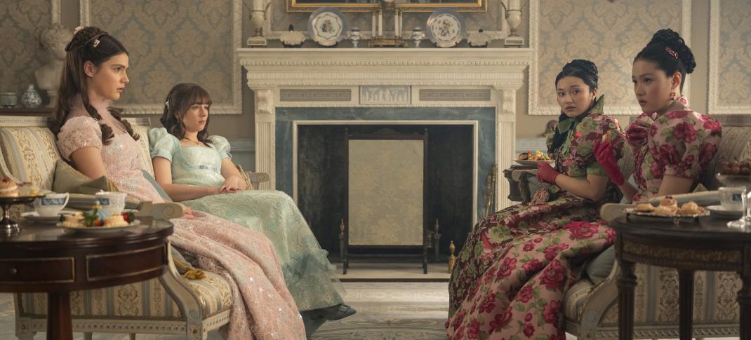 Florence Hunt as Hyacinth Bridgerton, Claudia Jessie as Eloise Bridgerton, Michelle Mao as Rosamund Li, Isabella Wei as Posy Li in Bridgerton Season 4