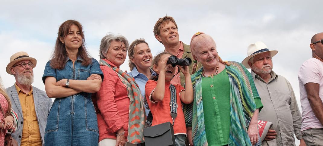 Zahra Ahmadi as Esther Williams, Barbara Flynn as Anne Lloyd, Sally Bretton as Martha Lloyd, Bella Rei Blue Stevenson as Rosie, Kris Marshall as Humphrey Goodman, and Felicity Montagu as Margo Martins in 'Beyond Paradise' Season 3