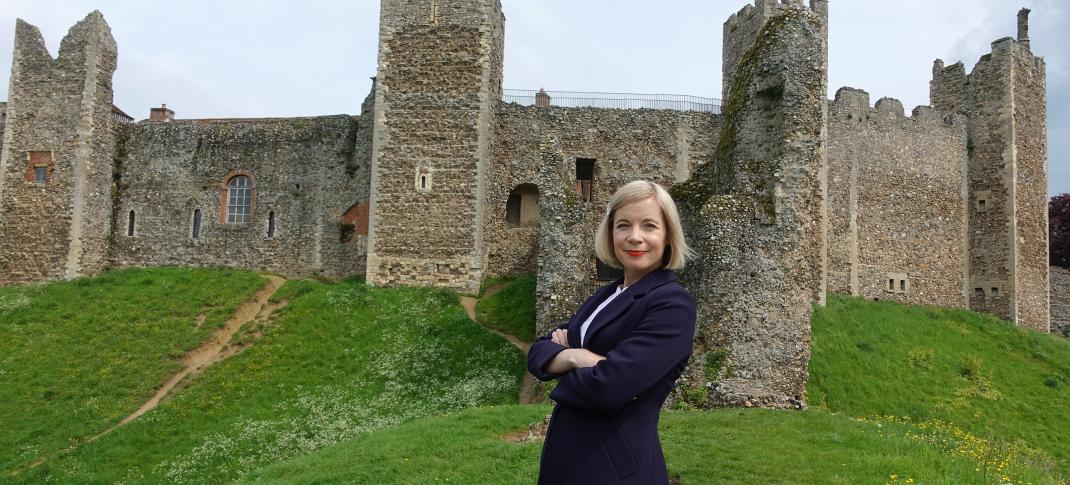 Lucy Worsley at Framlingham Castle in 'Lucy Worsley Investigates' Season 2