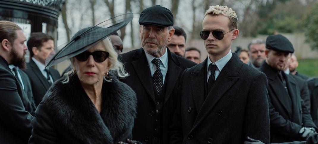 Helen Mirren as Maeve Harrigan, Pierce Brosnan as Conrad Harrigan, and Anson Boon as Eddie Harrigan in 'Mobland' Season 1