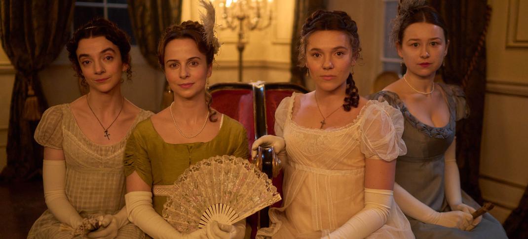 Patsy Ferran as Jane Austen, Synnøve Karlsen as Cassy Austen, Mirren Mack as Dinah, and Liv Hill as Mary Austen in 'Miss Austen'