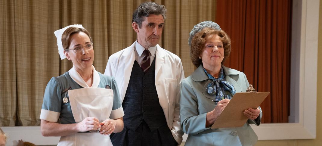 Laura Main as Shelagh Turner, Stephen McGann as Dr. Turner, and Annabelle Apsion as Mayor Violet Buckle in 'Call the Midwife' Season 14