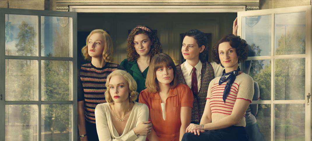 Shannon Watson as Unity Mitford, Joanna Vanderham as Diana Mitford, Orla Hill as Deborah Mitford, Zoe Brough as Jessica Mitford, Isobel Jesper Jones as Pamela Mitford, and Bessie Carter as Nancy Mitford in 'Outrageous'
