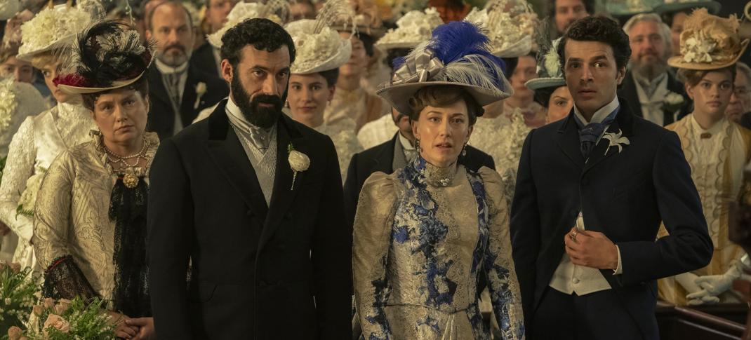 Morgan Spector, Carrie Coon, and Harry Richardson as the Russell Family in 'The Gilded Age' Season 3