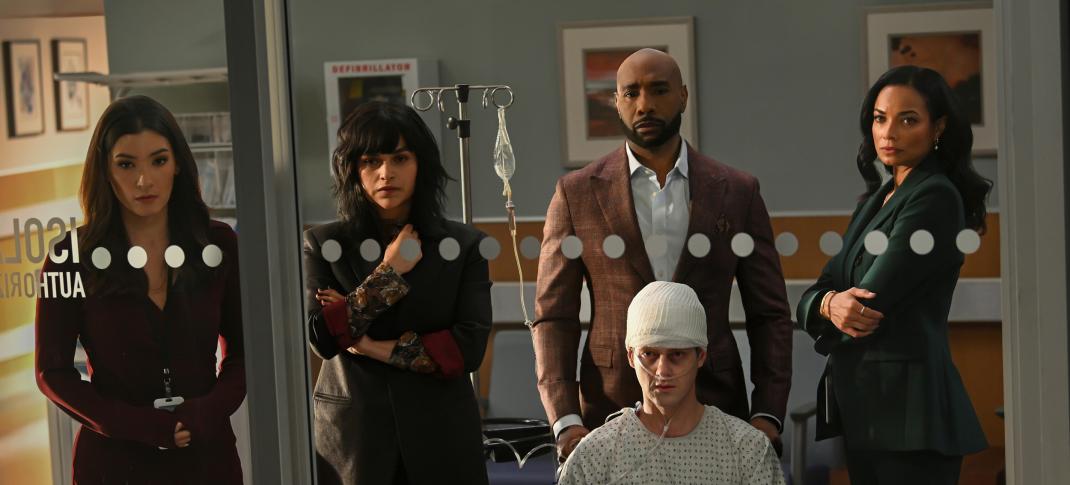 Inga Schlingmann as Dr. Sasha Lubbock, Eve Harlow as Dr. Ingrid Derian, Morris Chestnut as Dr. John Watson, Peter Mark Kendall as Dr. Adam Croft, and Rochelle Aytes as Dr. Mary Morstan in 'Watson' Season 1