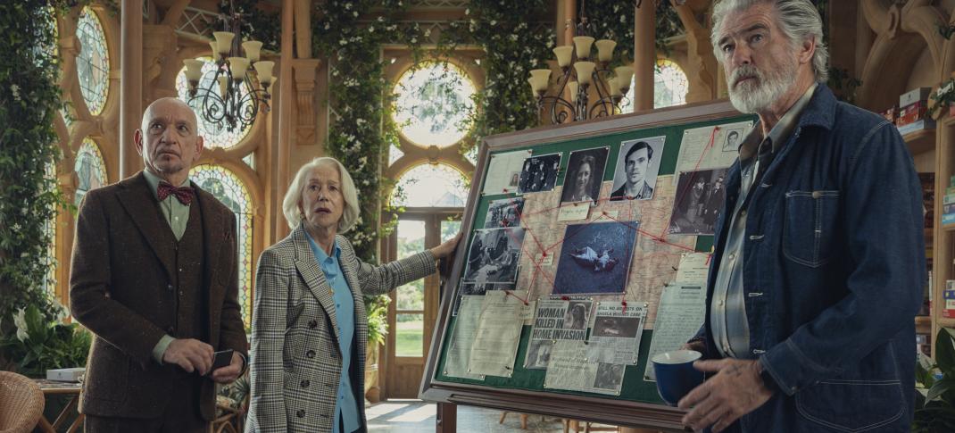 Ben Kingsley, Helen Mirren, and Pierce Brosnan in 'The Thursday Murder Club'