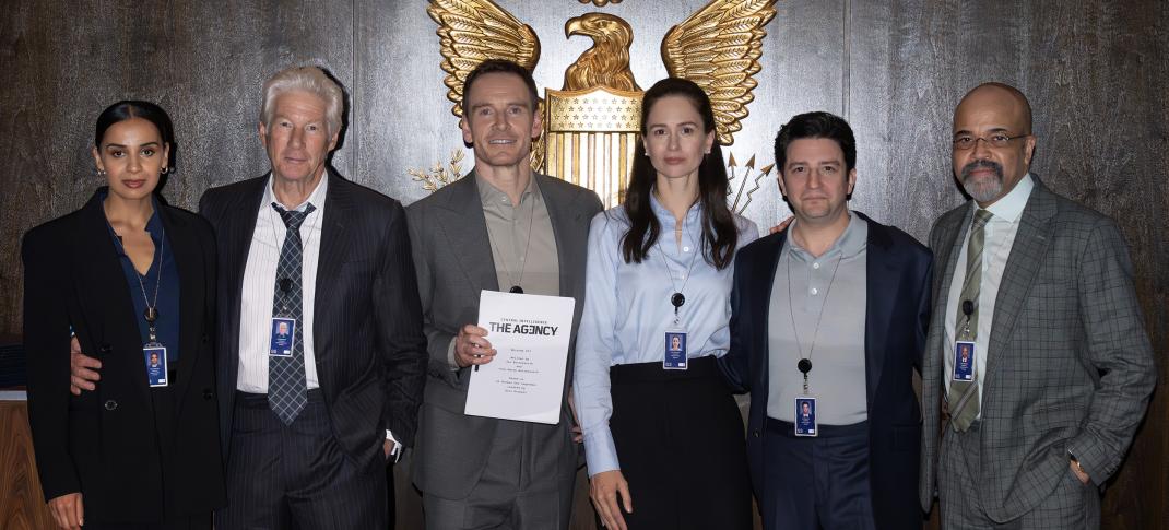 Ambreen Razia, Richard Gere, Michael Fassbender, Katherine Waterston, John Magaro, and Jeffrey Wright pose for 'The Agency: Central Intelligence' Season 2's start of production.