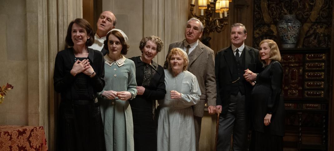 Raquel Cassidy as Baxter, Kevin Doyle as Molesley, Sophie McShera as Daisy, Phyllis Logan as Mrs. Hughes, Lesley Nicol as Mrs. Patmore, Jim Carter as Mr. Carson, Brendan Coyle as Bates and Joanne Froggatt as Anna in 'Downton Abbey: The Grand Finale'