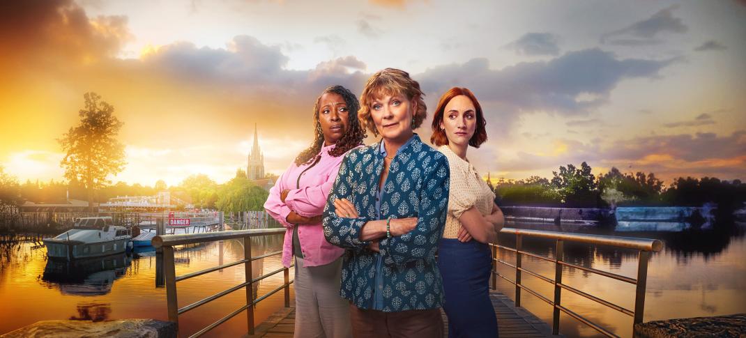 Jo Martin as Suzie Harris, Samantha Bond as Judith Potts, and Cara Horgan as Becks Starling in 'The Marlow Murder Club' Season 2