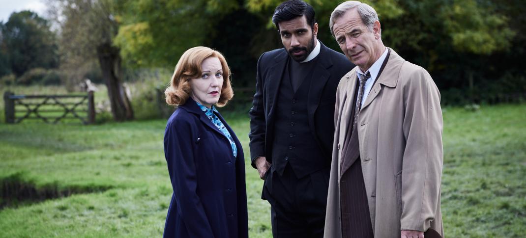 Kacey Ainsworth, Rishi Nair, and Robson Green in 'Grantchester' Season 10