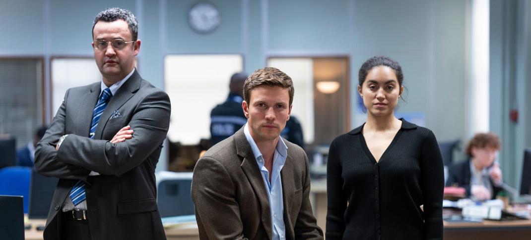 Daniel Mays as DCI Brian Nies, Leo Suter as DI Tommy Lynley, and Sofia Barclay as DS Barbara Havers in 'Lynley'
