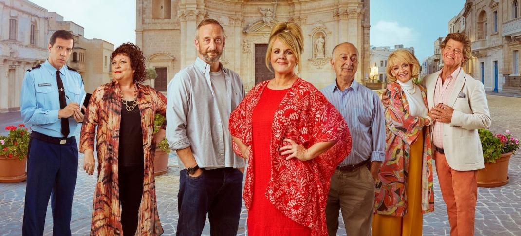 Picture shows: the cast of Madame Blanc, Season 4 in a sunny Mediterranean town square: Andre Caron (Alex Gaumond), Gloria Beauvillier (Sue Vincent), Dom Hayes (Steve Edge), Jean White (Sally Lindsay), Patrick (Tony Robinson), Judith Lloyd-James (Sue Holderness), Robin Askwith (Jeremy Lloyd-James)