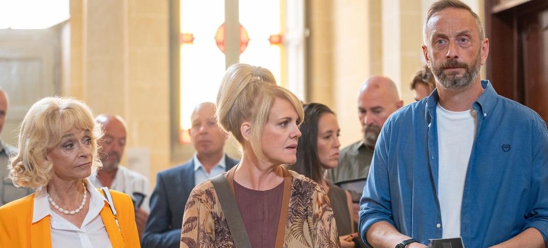 Picture shows: Jean White (Sally Lindsay), Dom Hayes (Steve Edge), and Judith Lloyd-James (Sue Holderness), attend the auction.