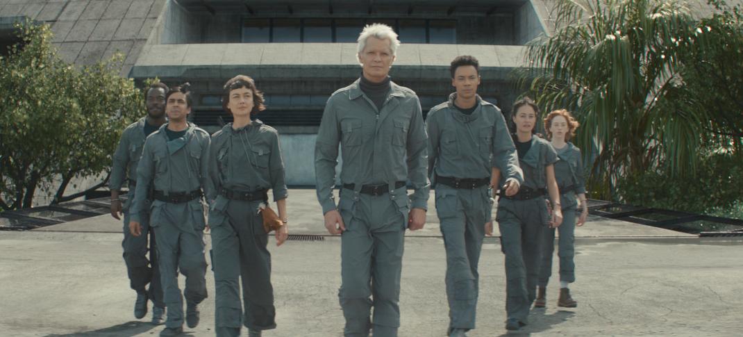 Jonathan Ajayi as Smee, Adarsh Gourav as Slightly, Sydney Chandler as Wendy, Timothy Olyphant as Kirsh, Kit Young as Tootles, Erana James as Curly, Lily Newmark as Nibs in 'Alien: Earth'