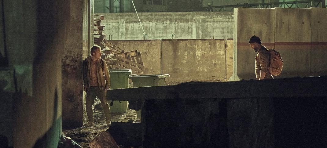 Shazad Latif as JJ and Alfie Allen as Max in 'Atomic'