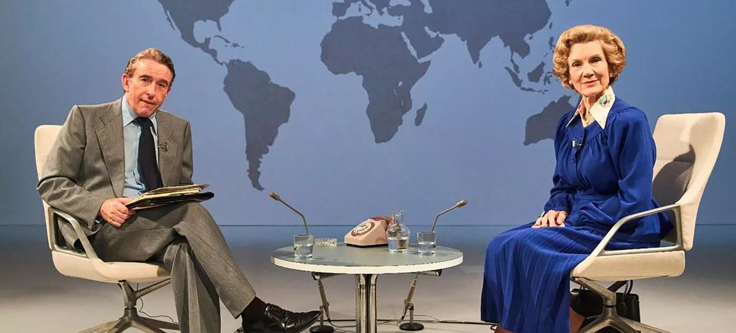 Steve Coogan as Brian Walden and Harriet Walter as Margaret Thatcher in 'Brian & Maggie'