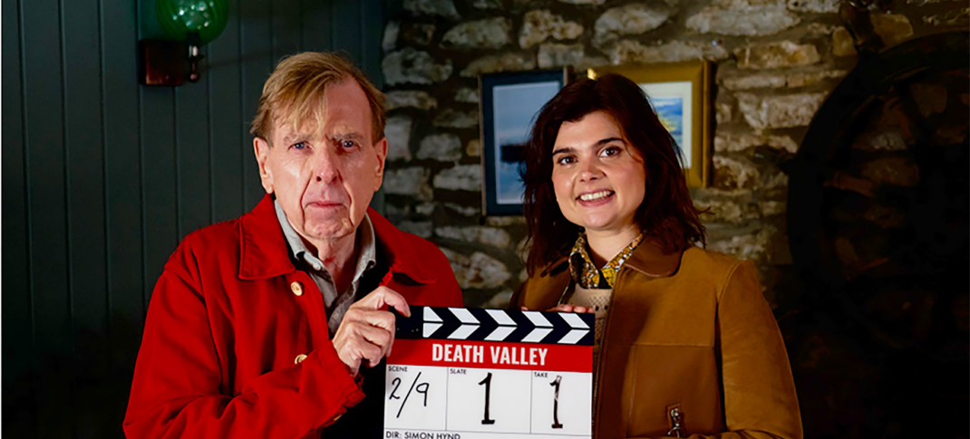 Timothy Spall and Gwyneth Keyworth with the 'Death Valley' Season 2 clapper to mark the start of production