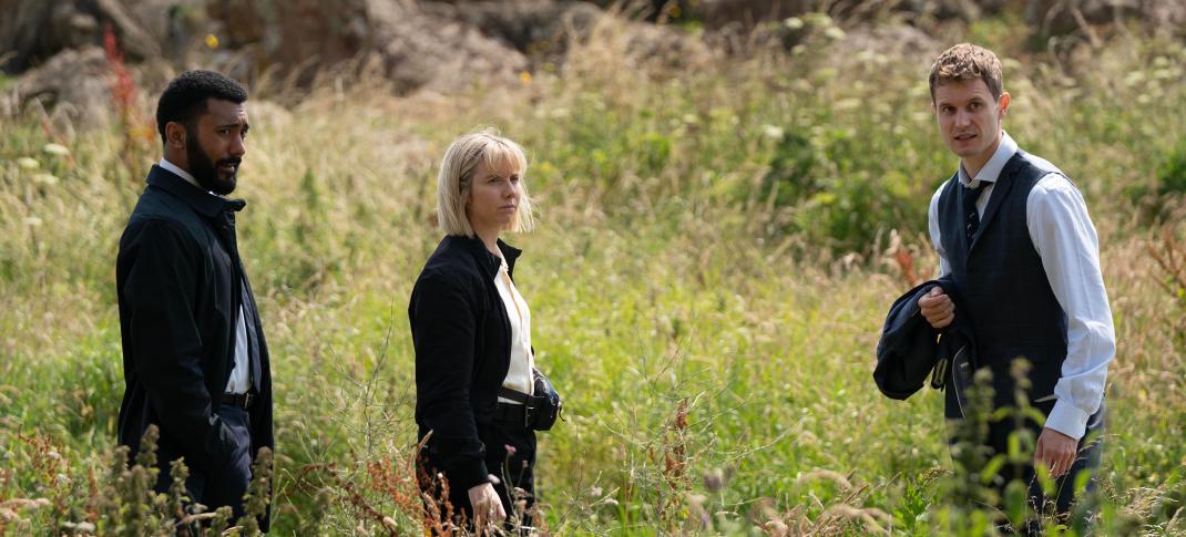 Zach Wyatt as Phil Parhatka, Lauren Lyle as Karen Pirie, Chris Jenks as Jason Murray in 'Karen Pirie' Season 2