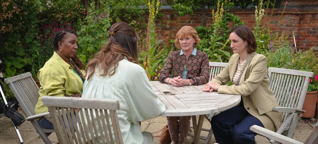 Jo Martin as Suzie Harris, Samantha Bond as Judith Potts, and Cara Horgan as Becks Starling in 'The Marlow Murder Club' Season 2